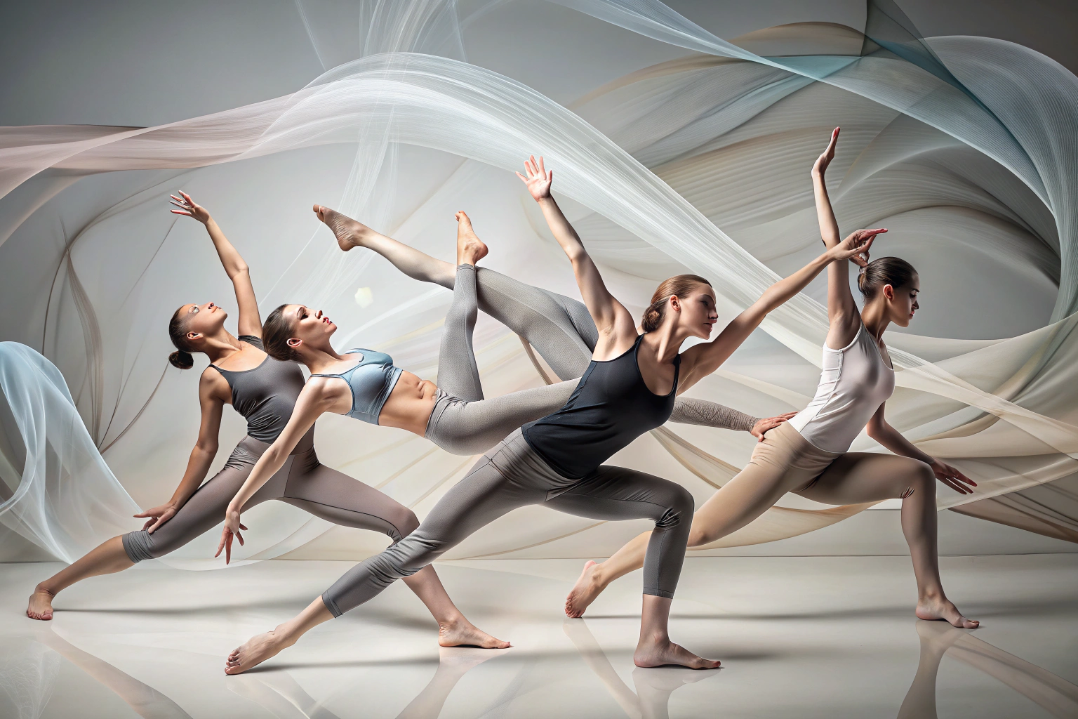 Eine abstrakte Darstellung von Yoga-, Pilates- und Gymnastikbewegungen in harmonischen, fließenden Formen mit neutralen Farben