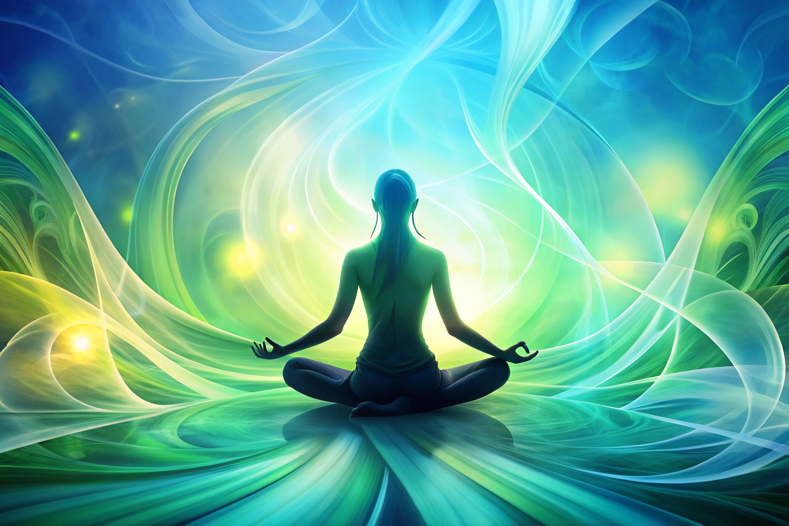 Eine abstrakte Darstellung von Yoga und mentaler Gesundheit mit sanften, fließenden Formen in beruhigenden Blau- und Grüntönen, die Entspannung und Achtsamkeit symbolisieren