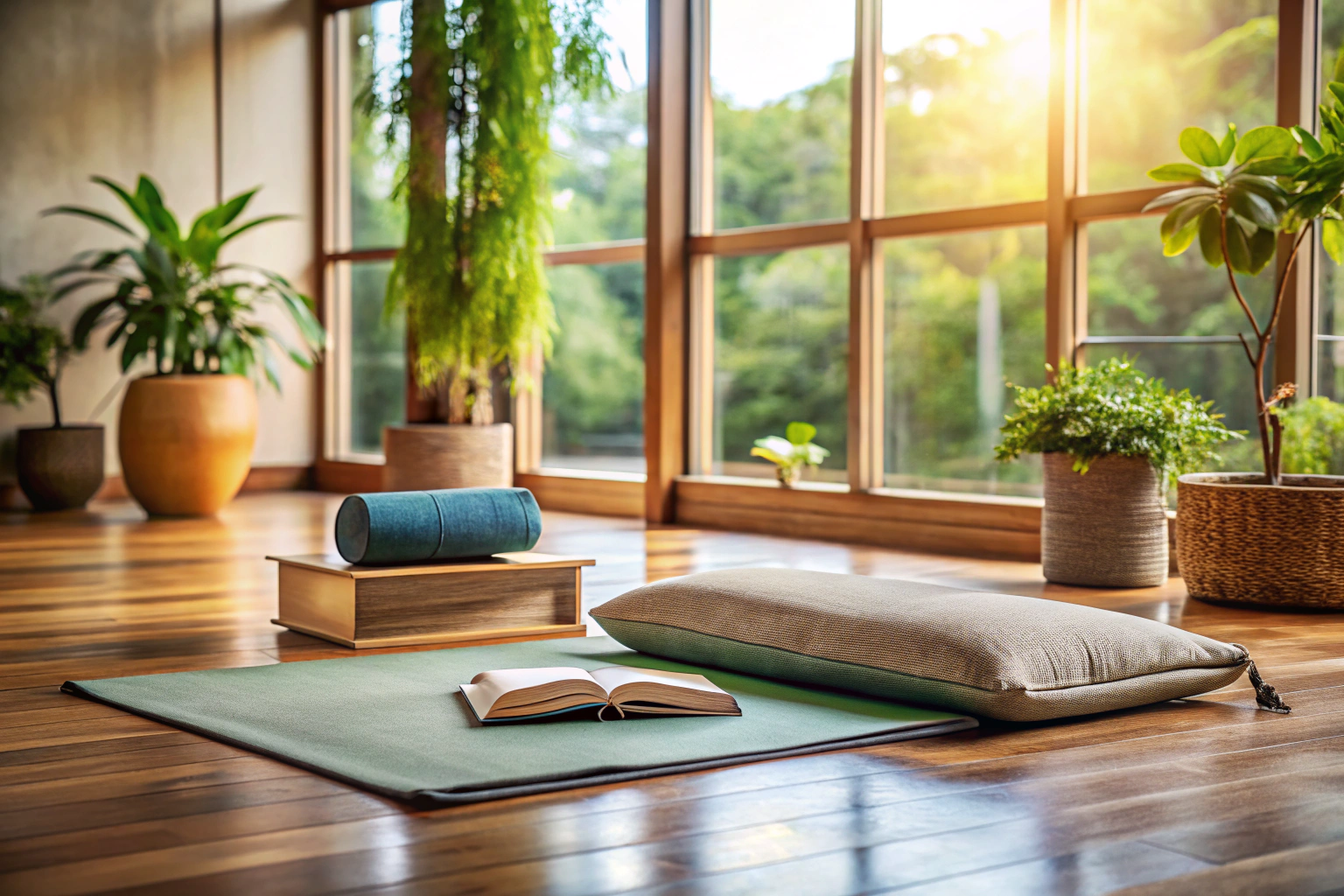 Eine friedliche Szene mit einem Yoga-Matte, einem Meditationskissen und einigen Büchern auf einem Holzboden, umgeben von sanftem Tageslicht, die eine einladende Atmosphäre für Lernen und Praxis schafft