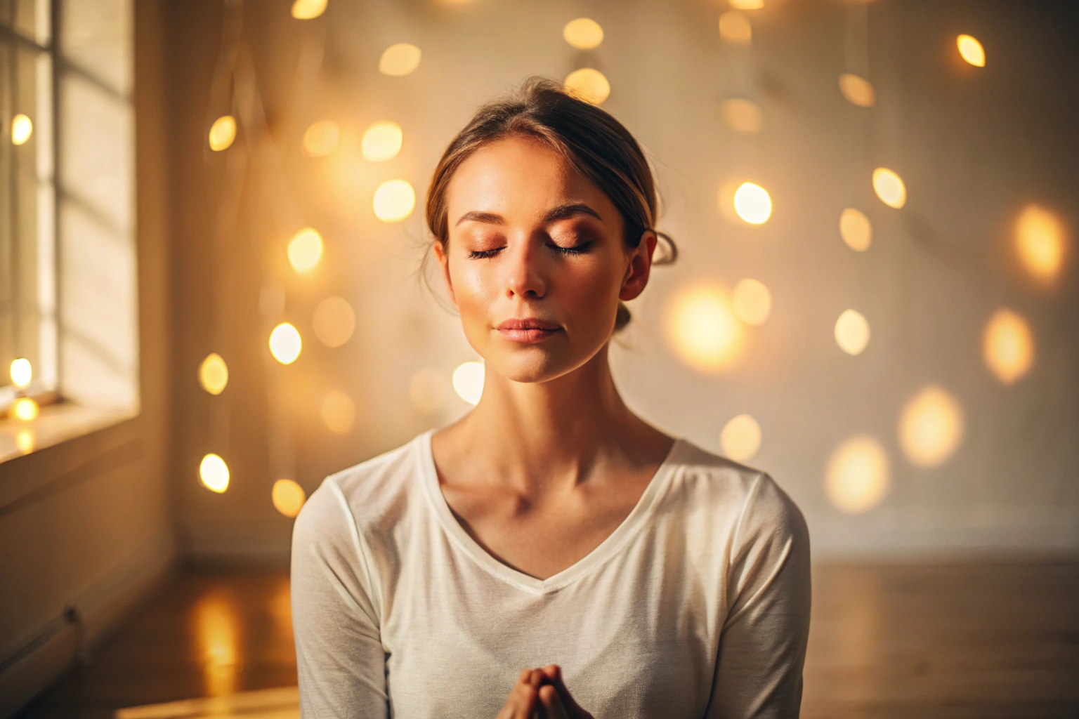 Eine Person in einer meditativen Sitzhaltung mit geschlossenen Augen, umgeben von sanftem Licht in einem neutralen Raum, ohne erkennbare Markierungen
