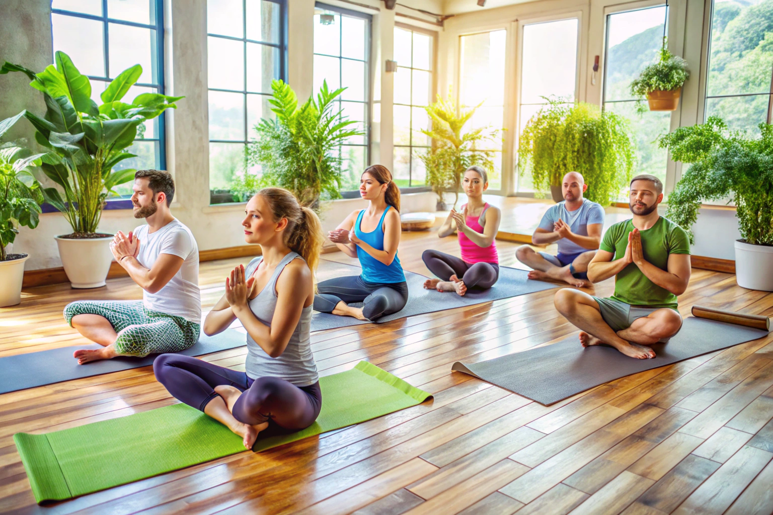 Eine Gruppe von Menschen in verschiedenen Yoga-Posen in einem lichtdurchfluteten Raum mit Holzboden und grünen Pflanzen, die Entspannung und Gemeinschaft ausstrahlt